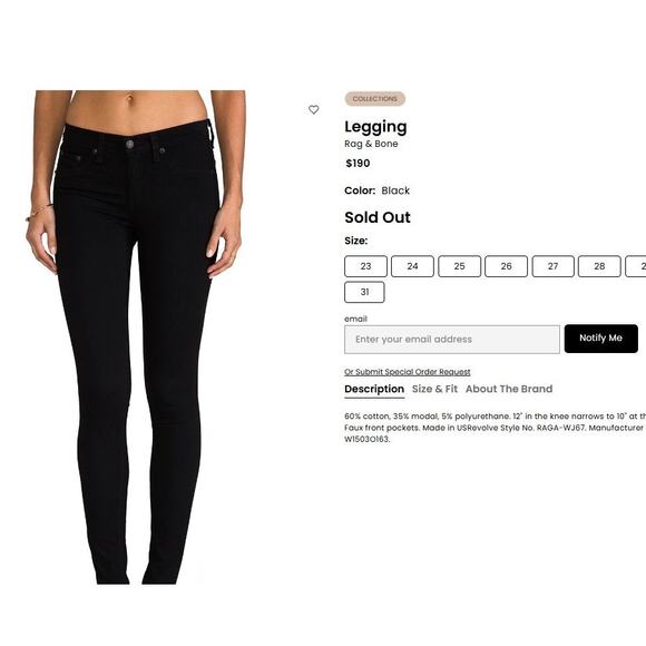 NWT! Rag & Bone Black Plush Jean Skinny Legging - Size 30 (MSRP $190) - Picture 16 of 16